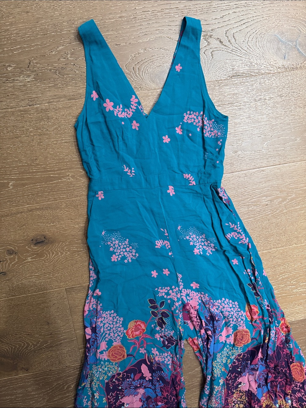 Maeve Anthropologie Teal Floral Wide Leg Jumpsuit Size 10 Boho Resort - Picture 3 of 6